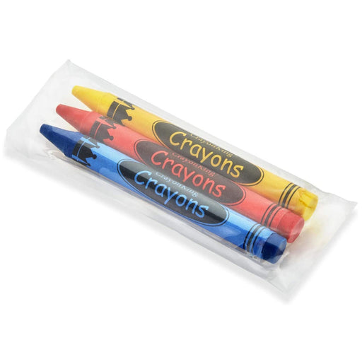 Photo showing blue, red, and yellow crayons inside a clear cello pack.