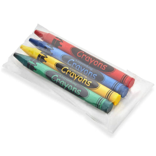 Photo showing red, green, blue, and yellow crayons inside a clear cello pack.